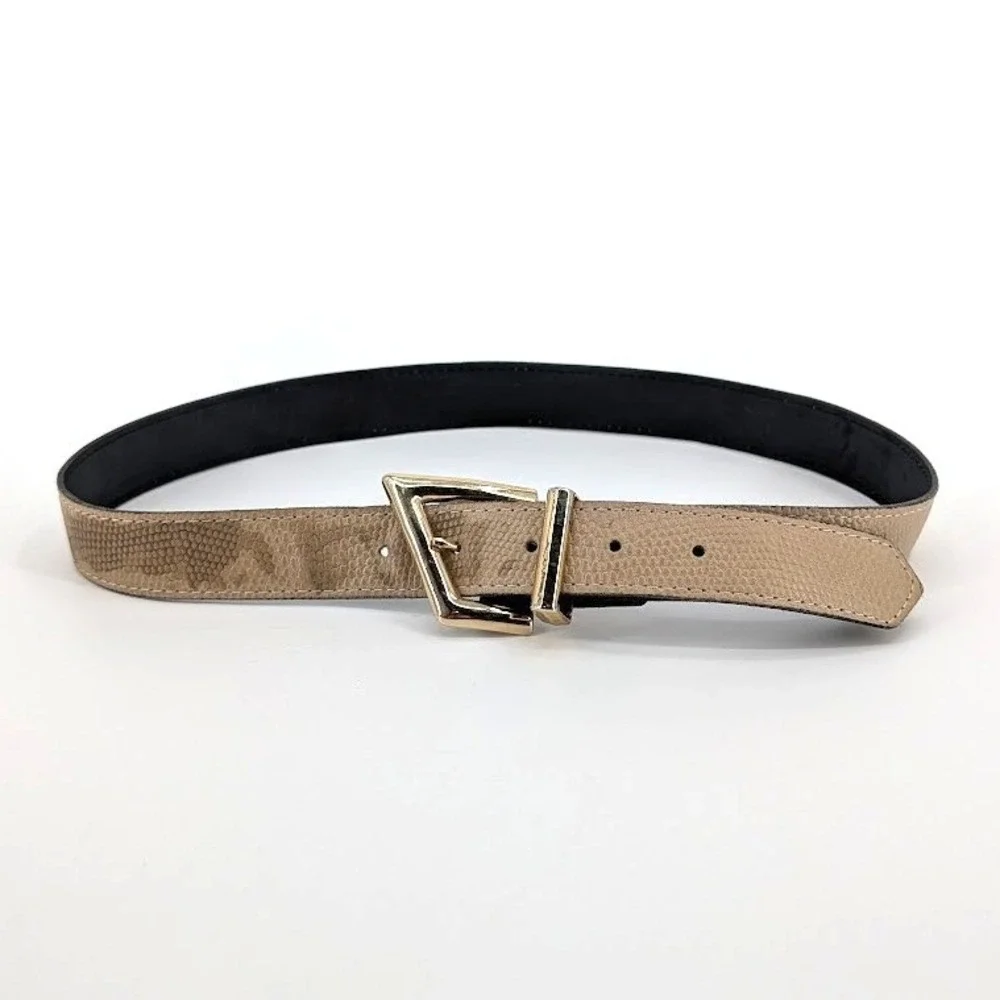 Tan Faux Snakeskin Belt Gold Angular Buckle Camo Print Textured Strap‎ 35in
